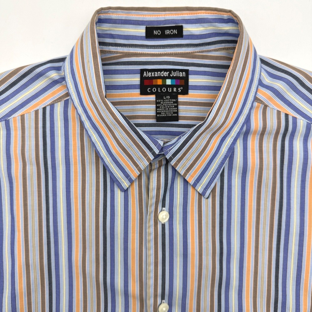 Alexander Julian Colours Shirt Mens Large Blue Orange Striped Short‎ Sleeve
